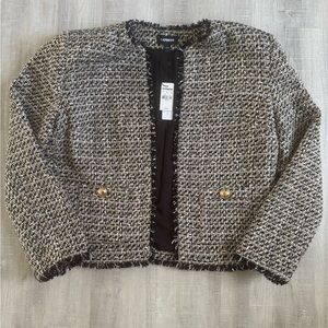 Express Tweed Collarless Fringe-Trim Jacket